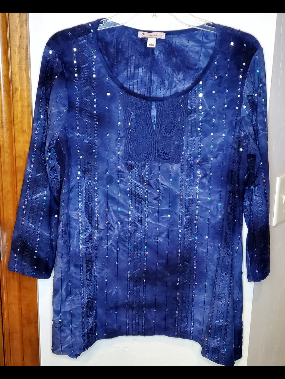 dressbarn Navy Blue Sequin Embellished Long Sleeve Blouse Size L